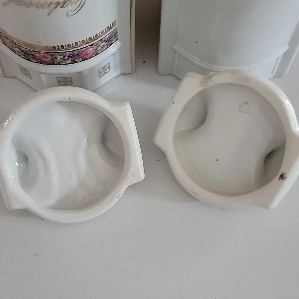 ANTIQUE VINTAGE VICTORIAN Floral Ceramic Canisters OATMEAL RICE LIDS